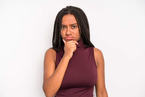 Black Young Adult Woman Looking Serious Confused Uncertain Thoughtful Doubting — Fotografia de Stock