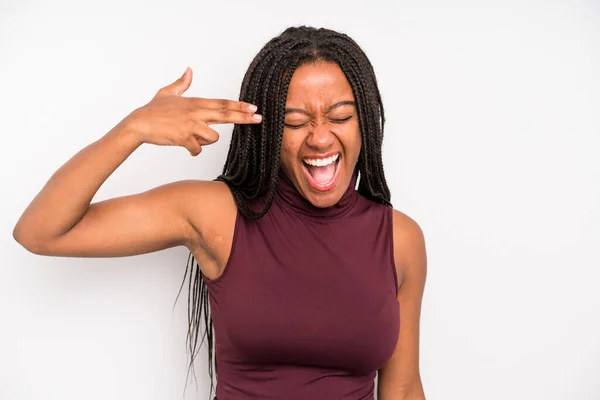 Black Young Adult Woman Looking Unhappy Stressed Suicide Gesture Making — Fotografia de Stock