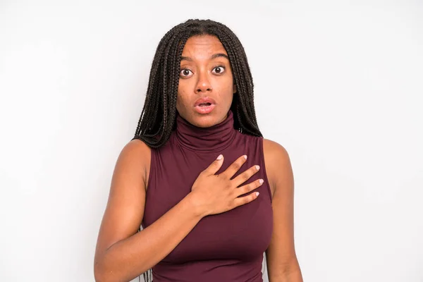 Black Young Adult Woman Feeling Shocked Surprised Smiling Taking Hand — Zdjęcie stockowe