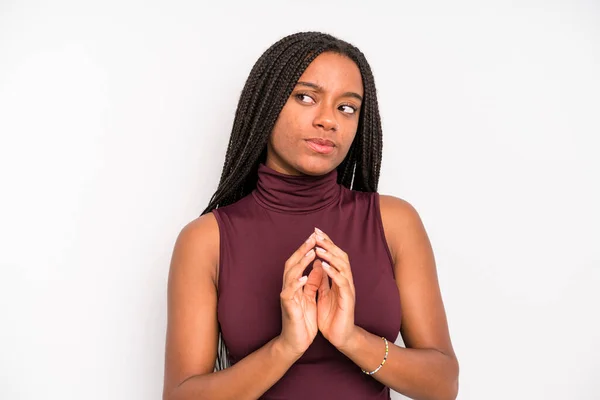 Black Young Adult Woman Scheming Conspiring Thinking Devious Tricks Cheats — Stockfoto
