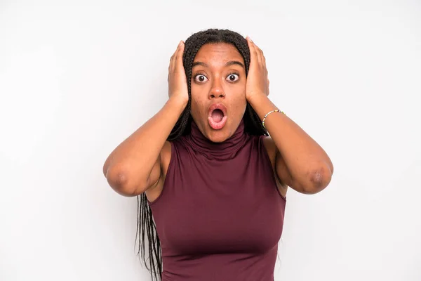 Black Young Adult Woman Looking Unpleasantly Shocked Scared Worried Mouth —  Fotos de Stock
