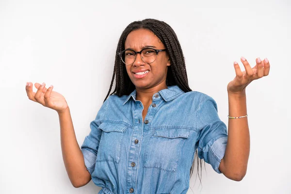 Black Young Adult Woman Shrugging Dumb Crazy Confused Puzzled Expression —  Fotos de Stock