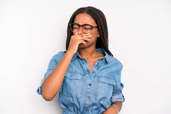 Black Young Adult Woman Feeling Disgusted Holding Nose Avoid Smelling — Zdjęcie stockowe