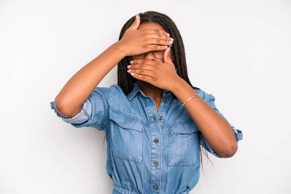 Black Young Adult Woman Covering Face Both Hands Saying Camera — Stockfoto