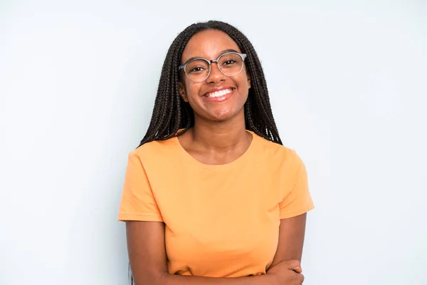 Black Young Adult Woman Laughing Shyly Cheerfully Friendly Positive Insecure — Stockfoto