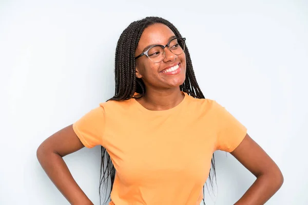 Black Young Adult Woman Looking Happy Cheerful Confident Smiling Proudly — Fotografia de Stock