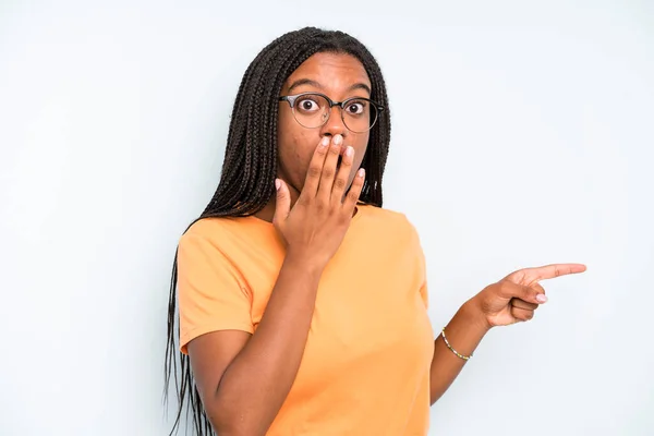 Black Young Adult Woman Feeling Happy Shocked Surprised Covering Mouth —  Fotos de Stock