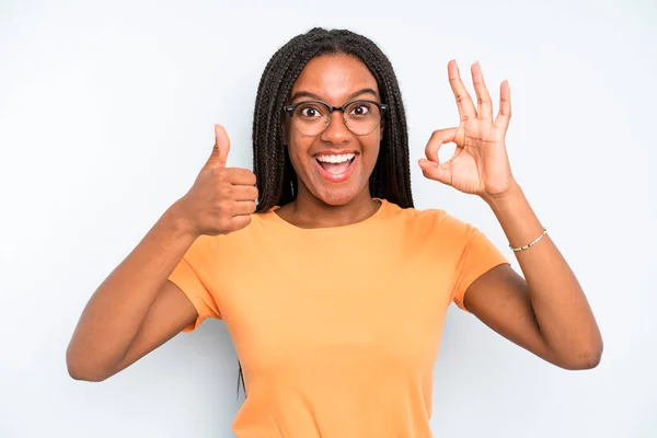 Black Young Adult Woman Feeling Happy Amazed Satisfied Surprised Showing — Stockfoto