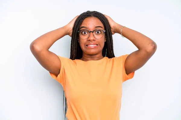 Black Young Adult Woman Feeling Stressed Worried Anxious Scared Hands — Stockfoto