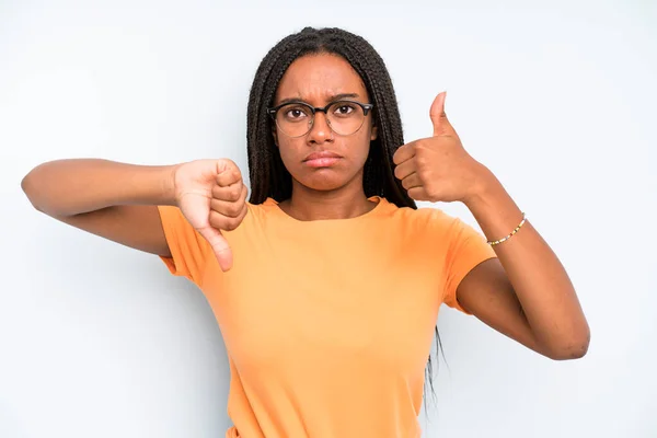 Black Young Adult Woman Feeling Confused Clueless Unsure Weighting Good — Stockfoto