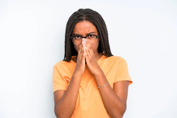 Black Young Adult Woman Feeling Worried Hopeful Religious Praying Faithfully —  Fotos de Stock