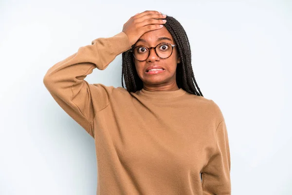 Black Young Adult Woman Panicking Forgotten Deadline Feeling Stressed Having —  Fotos de Stock