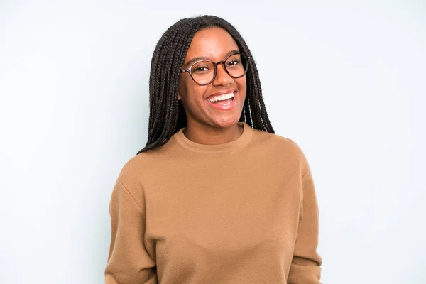 Black Young Adult Woman Big Friendly Carefree Smile Looking Positive — Zdjęcie stockowe