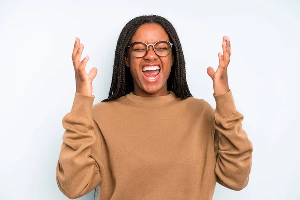 Black Young Adult Woman Furiously Screaming Feeling Stressed Annoyed Hands — Foto de Stock