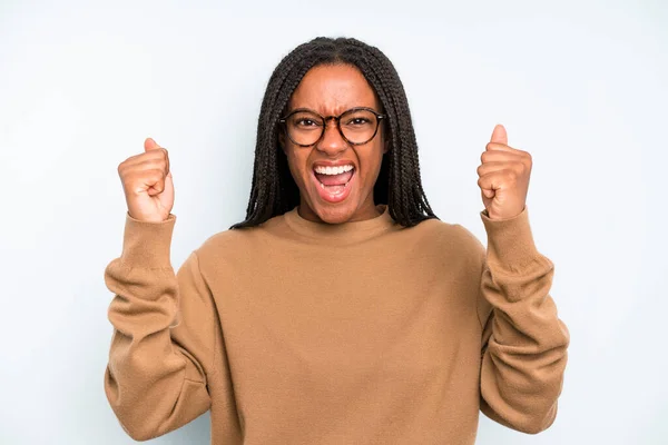 Black Young Adult Woman Feeling Happy Surprised Proud Shouting Celebrating — Foto de Stock
