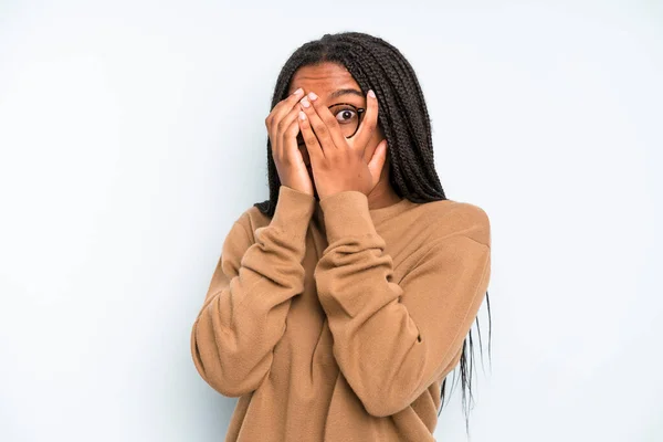 Black Young Adult Woman Feeling Scared Embarrassed Peeking Spying Eyes —  Fotos de Stock