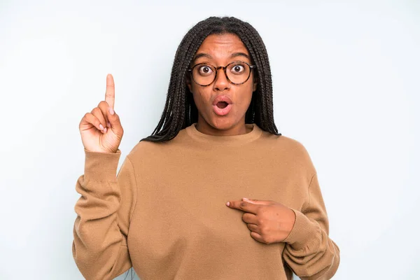 Black Young Adult Woman Feeling Proud Surprised Pointing Self Confidently —  Fotos de Stock