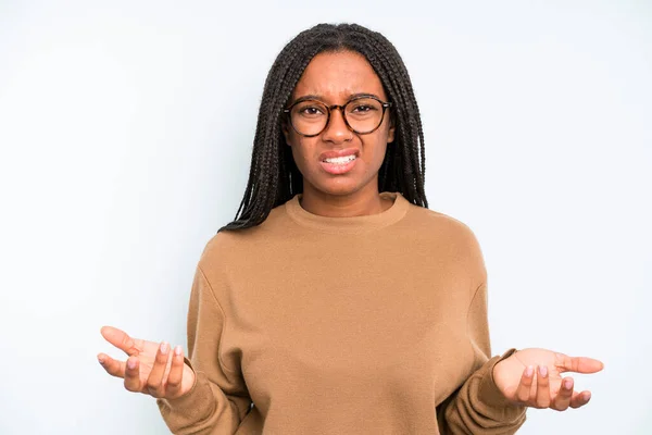 Black Young Adult Woman Feeling Clueless Confused Sure Which Choice —  Fotos de Stock