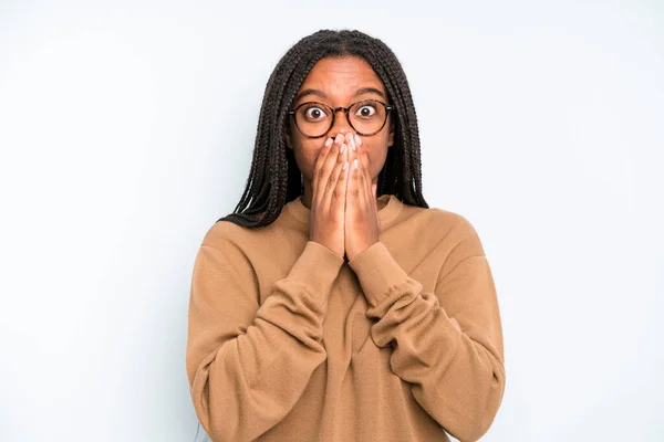 Black Young Adult Woman Happy Excited Surprised Amazed Covering Mouth — Zdjęcie stockowe