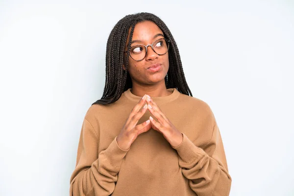 Black Young Adult Woman Scheming Conspiring Thinking Devious Tricks Cheats — Stockfoto