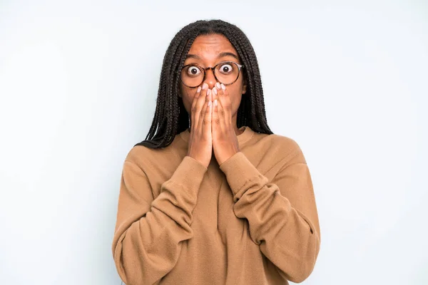 Black Young Adult Woman Feeling Worried Upset Scared Covering Mouth —  Fotos de Stock