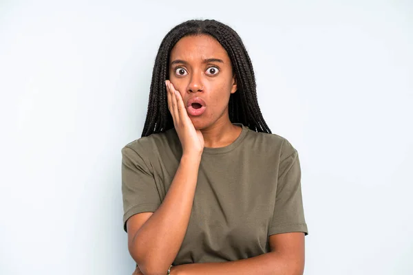 Black Young Adult Woman Feeling Shocked Astonished Holding Face Hand —  Fotos de Stock