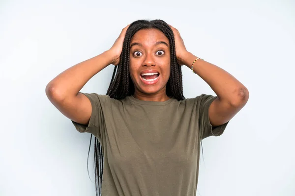 Black Young Adult Woman Raising Hands Head Open Mouthed Feeling — Fotografia de Stock