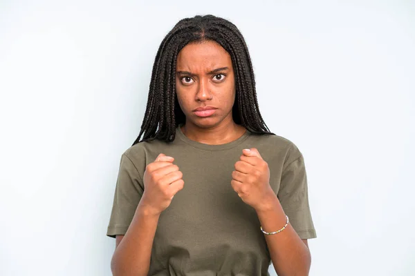 Black Young Adult Woman Looking Confident Angry Strong Aggressive Fists — Zdjęcie stockowe