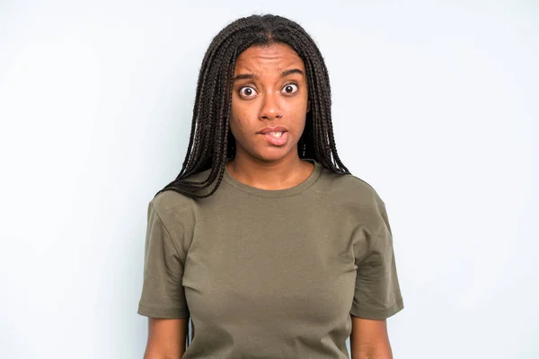 Black Young Adult Woman Feeling Clueless Confused Uncertain Which Option — Stockfoto