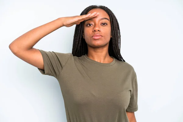 Black Young Adult Woman Greeting Camera Military Salute Act Honor — 스톡 사진