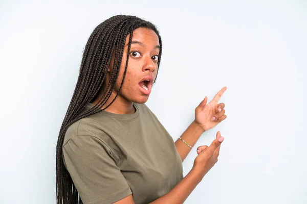 Black Young Adult Woman Feeling Shocked Surprised Pointing Copy Space — Stok fotoğraf