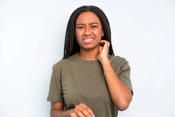 Black Young Adult Woman Feeling Stressed Frustrated Tired Rubbing Painful — Stok fotoğraf