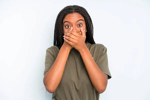 Black Young Adult Woman Covering Mouth Hands Shocked Surprised Expression —  Fotos de Stock