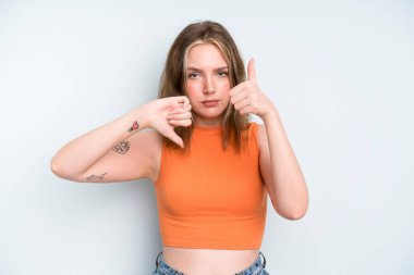 caucasian pretty woman feeling confused, clueless and unsure, weighting the good and bad in different options or choices