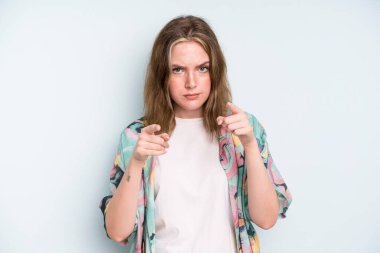 caucasian pretty woman pointing forward at camera with both fingers and angry expression, telling you to do your duty