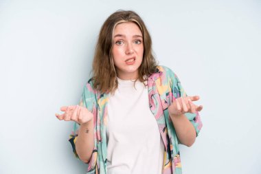 caucasian pretty woman feeling clueless and confused, not sure which choice or option to pick, wondering