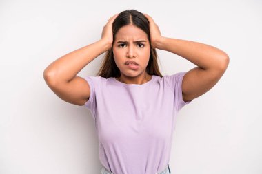 hispanic latin pretty woman feeling frustrated and annoyed, sick and tired of failure, fed-up with dull, boring tasks