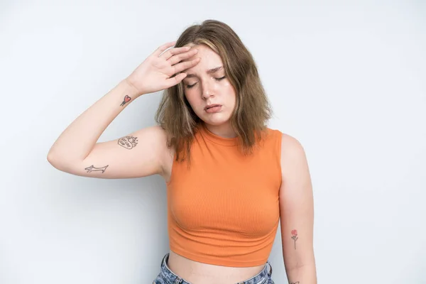 Caucasian Pretty Woman Looking Stressed Tired Frustrated Drying Sweat Forehead — Fotografia de Stock