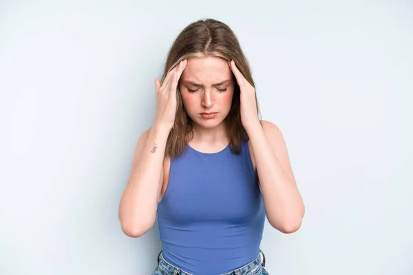Caucasian Pretty Woman Looking Stressed Frustrated Working Pressure Headache Troubled — Zdjęcie stockowe