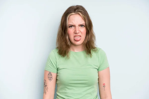 Caucasian Pretty Woman Feeling Disgusted Irritated Sticking Tongue Out Disliking — Stock Photo, Image