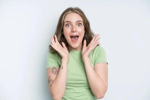 Caucasian Pretty Woman Feeling Shocked Excited Laughing Amazed Happy Because — Foto Stock