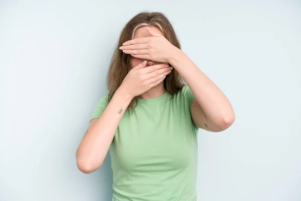 Caucasian Pretty Woman Covering Face Both Hands Saying Camera Refusing — Stock Photo, Image