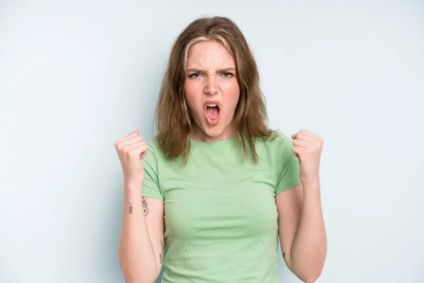 Caucasian Pretty Woman Shouting Aggressively Angry Expression Fists Clenched Celebrating — Stock Photo, Image