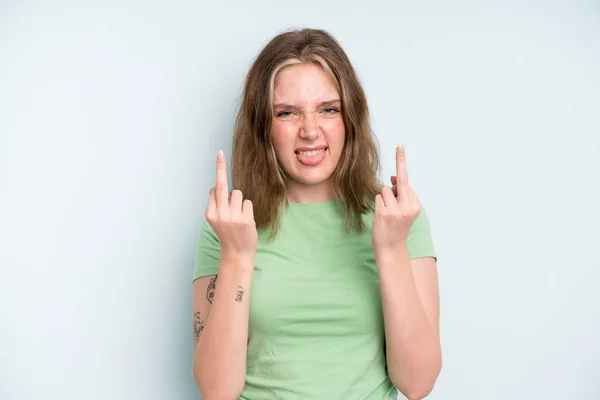 Caucasian Pretty Woman Feeling Provocative Aggressive Obscene Flipping Middle Finger — 스톡 사진