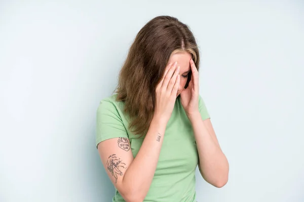 Caucasian Pretty Woman Covering Eyes Hands Sad Frustrated Look Despair — Stock Photo, Image