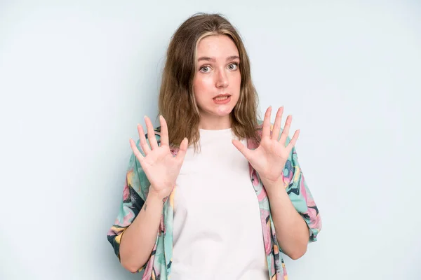 Caucasian Pretty Woman Looking Nervous Anxious Concerned Saying Fault Didnt — Stock Photo, Image