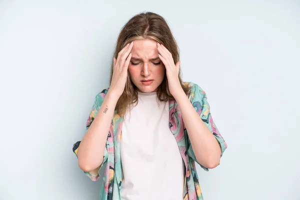 Caucasian Pretty Woman Looking Stressed Frustrated Working Pressure Headache Troubled — Stockfoto