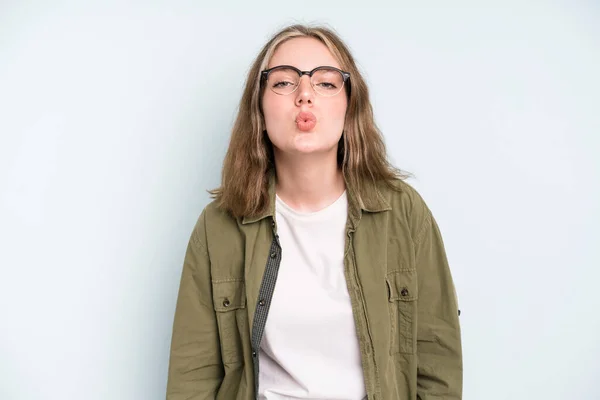 Caucasian Pretty Woman Pressing Lips Together Cute Fun Happy Lovely — Stockfoto