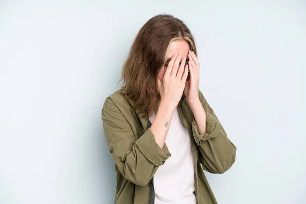 Caucasian Pretty Woman Covering Eyes Hands Sad Frustrated Look Despair — Stock fotografie