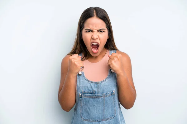 Hispanic Latin Pretty Woman Shouting Aggressively Annoyed Frustrated Angry Look — Stockfoto